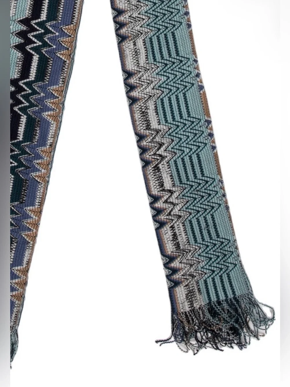 Missoni Wool ZigZag Patterned Blue Multi Fringe Edge Wrap Scarf NWOT 72.5”x16”